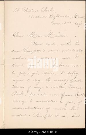 Lettera autografa di Jennie Leys firmata a Victoria Woodhull Martin, Melrose Highlands, Mass., 2 marzo 1898 , Femministe, Stati Uniti, suffragiste. Victoria Woodhull Martin Papers Foto Stock