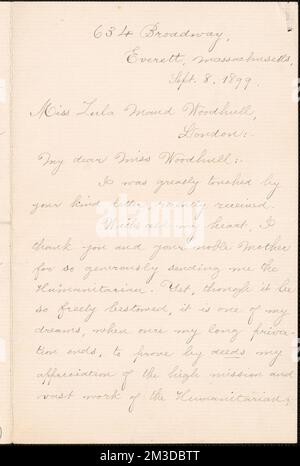Lettera autografa di Jennie Leys firmata a Zula [M.] Woodhull, Everett, Mass., 8 settembre 1899 , Femministe, Stati Uniti, suffragiste. Victoria Woodhull Martin Papers Foto Stock