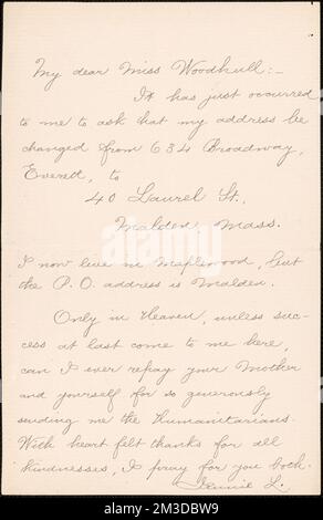 Lettera autografa di Jennie Leys firmata a Zula [M.] Woodhull, Malden, Mass., [1900] , femministe, Stati Uniti, suffragisti. Victoria Woodhull Martin Papers Foto Stock