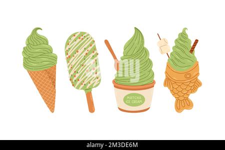 Set gelato Matcha vettore isolato per adesivi, cartoline, taccuino Illustrazione Vettoriale