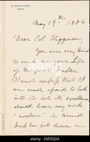 Lettera autografica di Julia Ward Howe firmata a Thomas Wentworth Higginson, Boston, Mass., 19 maggio 1884 , Fuller, Margaret, 1810-1850 Foto Stock