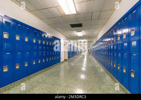 Tipico corridoio della scuola vuoto degli Stati Uniti, senza descrizione, con armadietti in metallo blu lungo un corridoio. Foto Stock