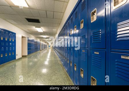 Tipico corridoio della scuola vuoto degli Stati Uniti, senza descrizione, con armadietti in metallo blu lungo un corridoio. Foto Stock