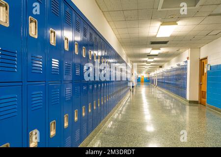 Tipico corridoio della scuola vuoto degli Stati Uniti, senza descrizione, con armadietti in metallo blu lungo un corridoio. Foto Stock