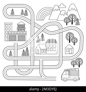 Vector maze game for kids with vehicles and tangled road. Labyrinth help the fire truck to reach the station Stock Vector