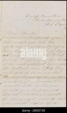 Lettera di John Jubb, Camp Hamilton, Fort Monroe V., a Thomas Jubb, West Chelmsford, Mass., 9 febbraio 1862 , Stati Uniti, Storia, Guerra civile, 1861-1865. JUbb Brothers Civil War Letters Foto Stock