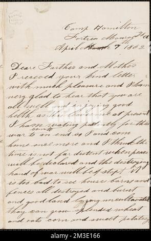 Lettera di John Jubb, Camp Hamilton, Fortress Monroe V., a Thomas and Harriet Jubb, West Chelmsford, Mass., 7 aprile 1862 , Stati Uniti, Storia, Guerra civile, 1861-1865. JUbb Brothers Civil War Letters Foto Stock