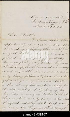 Lettera di John Jubb, Camp Hamilton, Fortress Monroe V., a Thomas Jubb, West Chelmsford, Mass., 29 marzo 1862 , Stati Uniti, Storia, Guerra civile, 1861-1865. JUbb Brothers Civil War Letters Foto Stock