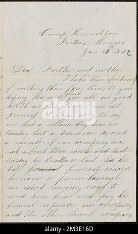 Lettera di John Jubb, Camp Hamilton, Fortress Monroe, a Thomas and Harriet Jubb, 16 gennaio 1862 , Stati Uniti, Storia, Guerra civile, 1861-1865. JUbb Brothers Civil War Letters Foto Stock