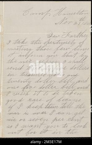 Lettera di John Jubb, Camp Hamilton, a Thomas Jubb, West Chelmsford, Mass., 21 novembre 1861 , Stati Uniti, Storia, Guerra civile, 1861-1865. JUbb Brothers Civil War Letters Foto Stock