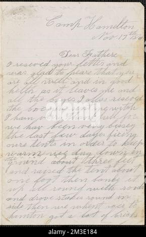 Lettera di John Jubb, Camp Hamilton, a Thomas Jubb, West Chelmsford, Mass., 17 novembre 1861 , Stati Uniti, Storia, Guerra civile, 1861-1865. JUbb Brothers Civil War Letters Foto Stock