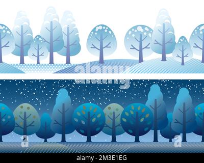 Insieme di illustrazioni per la foresta cartoonish semplice vettore senza giunture. Paesaggio innevato e scena notturna. Ripetibile orizzontalmente. Illustrazione Vettoriale