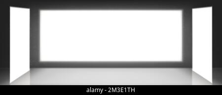 Monitor TV con schermo Lightbox, tv o cinema su sfondo scuro. Display LCD luminosi di colore bianco, cartellone pubblicitario per la visualizzazione di video, pannelli al plasma vuoti realistiche 3D mock up vettoriale Illustrazione Vettoriale
