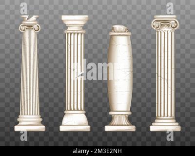 Colonne barocche, colonne rinascimentali romane con crepe. Antico marmo d'avorio classico, pietra grecia architettura classica, antico colonnato interno facciata design, realistico 3D vettore obelisks set Illustrazione Vettoriale