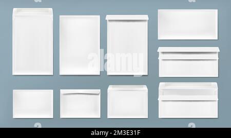 Busta bianca modello A4, DL e C6. Vector realistic mockup di buste vuote chiuse e aperte, copertine di lettere vista anteriore e posteriore. Simulazione di una cartella di carta per documenti e messaggi aziendali Illustrazione Vettoriale
