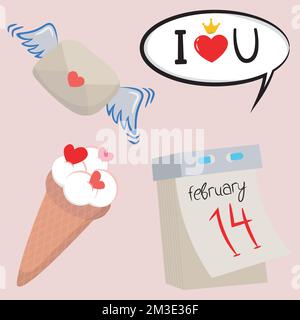 san valentino foto set con busta volante, frase ilove you, gelato e calendario tearoff Illustrazione Vettoriale