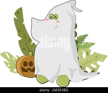 fantasma carino per halloween vestito su dinosauro carino Illustrazione Vettoriale