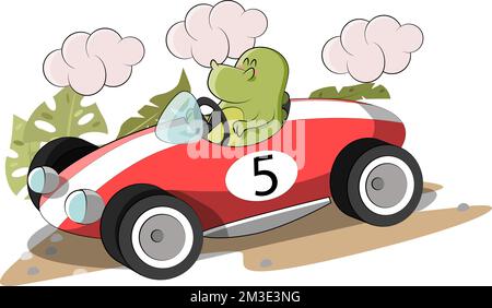 un simpatico dinosauro corre su un'auto sportiva rossa Illustrazione Vettoriale