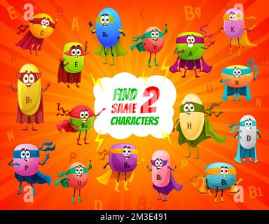 Trova due personaggi della stessa vitamina micronutriente del supereroe dei cartoni animati. Oggetti differenza avvistare puzzle per bambini, quiz vettoriale o foglio di lavoro di gioco con A, B, C e e, U, K vitamina supereroe carino personaggi Illustrazione Vettoriale