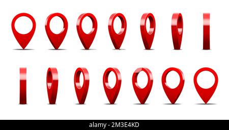 3d locator pin gioco animato o carta di viaggio sprite. Frame sequenza animazione rotazione punto rosso vettore, grafica ui per l'applicazione. Destinazione, navigazione o segno di direzione, posizione di geolocalizzazione Illustrazione Vettoriale