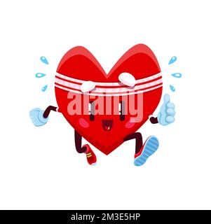 Personaggio del cuore da corsa dei cartoni animati, simpatico personaggio anatomico vettoriale in fascia da sudore e esercizi di allenamento delle sneakers. Carino forte organo cardiaco, sano cardio allenamento, fitness, jogging o maratona attività Illustrazione Vettoriale