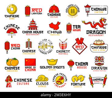 Cibo cinese, festa e religione icone linea. Ristorante di cucina asiatica, lanterna e busta rossa, maschera di drago, biscotti fortuna e fuochi d'artificio, pesce d'oro, bandiera della Cina e icone di contorno mappa Illustrazione Vettoriale