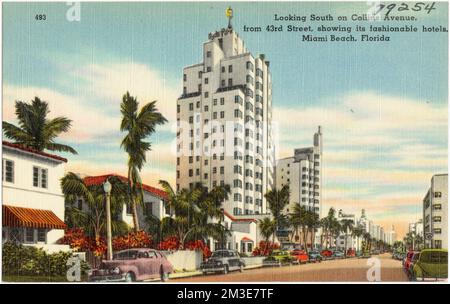 Guardando verso sud su Collins Avenue, da 43rd Street, mostrando i suoi hotel alla moda, Miami Beach, Florida , Città e paesi, Hotel, Tichnor Brothers Collection, cartoline degli Stati Uniti Foto Stock