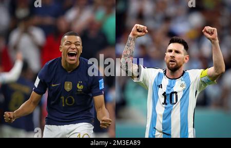 Zum Coppa del mondo FIFA Qatar 2022 finale zwischen Argentinien und Frankreich im Lusail Stadium am 18 dicembre 2022 a Lusail City, Qatar. A LUSAIL CITY, QATAR - 18 DICEMBRE: Coppa del mondo FIFA Qatar 2022 incontro finale tra Argentina e Francia al Lusail Stadium il 18 dicembre 2022 a Lusail City, Qatar. Duell der Superstars Kylian Mbappe of France und Lionel messi of Argentina Fussball WM 2022 in Qatar FIFA Football World Cup 2022 © diebilderwelt / Alamy Stock Foto Stock