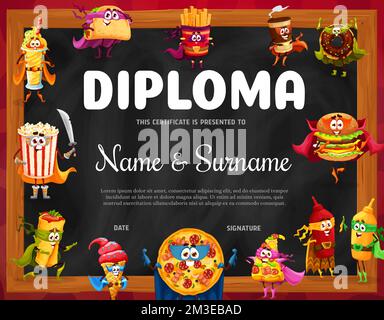 Diploma di ragazzi. Personaggi del fast food, lavagna da caffè. Certificato di apprezzamento o diploma di istruzione per i bambini con pizza, popcorn, hamburger e gelato, tacos e burritos pasto eroe personages Illustrazione Vettoriale