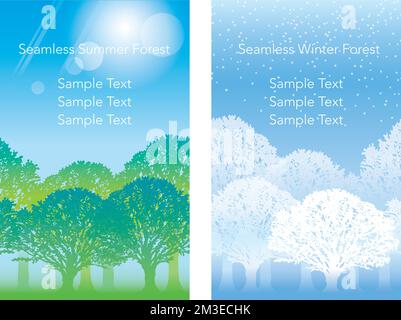 Set di due illustrazioni di foresta senza giunture vettoriali. Uno è in estate e l'altro è in inverno. Ripetibile orizzontalmente. Illustrazione Vettoriale