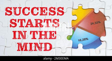 Economia e business concept. Sui puzzle bianchi c'è un'iscrizione -il successo inizia nella mente. Diagramma finanziario nella finestra tra i puzzle Foto Stock