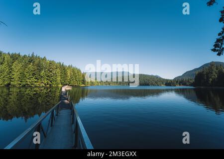 Una bella vista di un lungo molo sul lago Sasamat, Canada, British Columbia in primavera Foto Stock