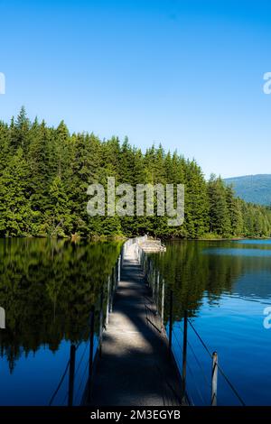 Una bella vista di un lungo molo sul lago Sasamat, Canada, British Columbia in primavera Foto Stock