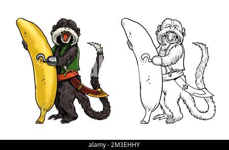 Tamarin con pagina di colorazione banana. Illustrazione divertente della clipart. Scimmia e scimmie pirati foglio di colorazione. Foto Stock