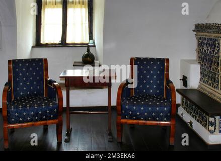 L'interno del Castello di Bran, conosciuto come Castello di Dracula, è la fortezza più famosa e visitata della Transilvania (Romania) e si trova a Bran (Brasov) Foto Stock