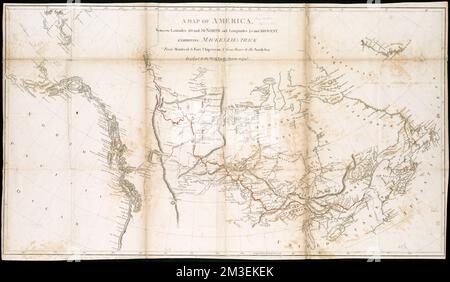 Una mappa dell'America tra le latitudini 40 e 70 nord e le longitudine 45 e 180 ovest, che espone la pista di Mackenzie da Montreal a Fort Chipewyan e da qui al mare nord nel 1789 e all'Oceano Pacifico occidentale nel 1793 , Canada, Discovery ed Exploration, Mappe Norman B. Leventhal Map Center Collection Foto Stock