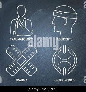 Set di icone per lavagna di traumatologia e ortopedia. Simboli di lesioni, traumi e incidenti, pittogrammi medici. Illustrazione vettoriale. Illustrazione Vettoriale