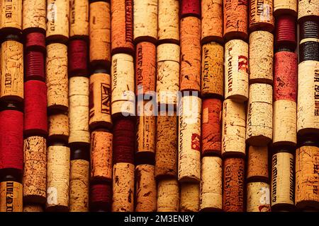 un mazzo di tappi di vino impilati uno sopra l'altro con una corda rossa sopra di loro. Foto Stock