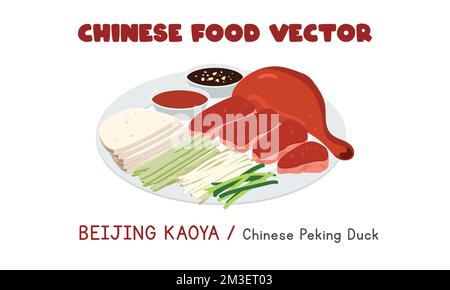 Chinese Beijing Kaoya - disegno vettoriale piatto dell'anatra di Pechino cinese, stile del cartone animato di clipart. Cibo asiatico. Cucina cinese. Cibo cinese Illustrazione Vettoriale