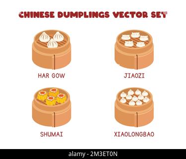 Set di gnocchi cinesi in bambù vaporizzatore disegno vettoriale illustrazione, clipart stile cartone animato. Har Gow, Dim Sum, Jiaozi, Xiaolongbao. Cibo asiatico Illustrazione Vettoriale