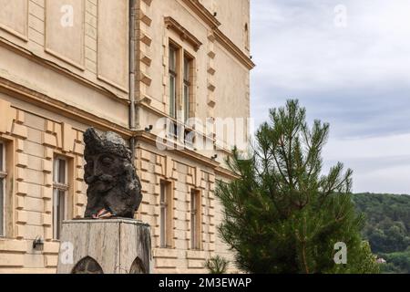 Sighisoara - Romania, luglio 16 2022. Statua di Vlad Tepes (noto come 'l'impalatore') con un aspetto sconcertato e il suo marchio baffi è dietro il Chu Foto Stock