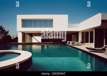 una piscina con una poltrona e una grande finestra sullo sfondo e una casa con una piscina. . Foto Stock