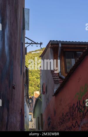 Brasov - Romania, 16 luglio 2022. Rara foto verticale in cui attraverso la stretta strada Sforii (Via della corda) enormi lettere BRASOV sono visibili sulla collina boschiva Foto Stock