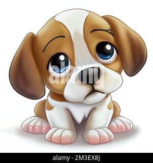 un cucciolo di cartoni animati con occhi blu seduti a terra con uno sguardo triste sul suo volto. . Foto Stock