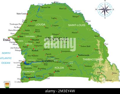 Mappa fisica molto dettagliata del Senegal e Gambia in formato vettoriale, con tutte le forme di rilievo, le regioni e le grandi città. Illustrazione Vettoriale