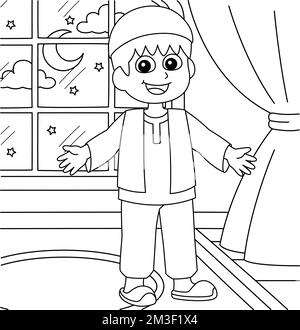 Ramadan Happy Muslim Boy Coloring Page for Kids Illustrazione Vettoriale