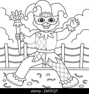 Mardi Gras Jester Boy pagina da colorare per bambini Illustrazione Vettoriale