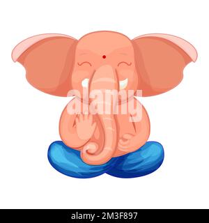 Ganesh dio carino personaggio lotus posa, meditazione in stile cartone animato isolato su sfondo bianco. Idol, statua spirituale. Illustrazione vettoriale Illustrazione Vettoriale
