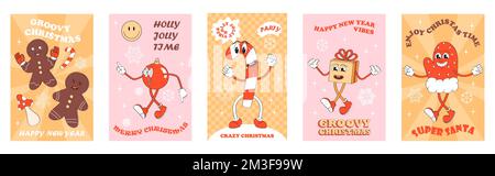 Set vettoriale retrò Mascot New Year. Regalo di Holly jolly, pazzo, grovy biglietto di auguri di natale. Pan di zenzero, bastone di babbo natale. Illustrazione Vettoriale
