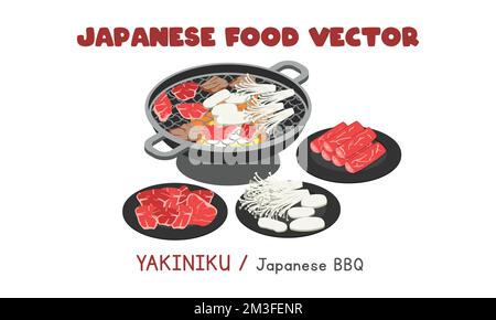 Yakiniku giapponese - barbecue giapponese disegno vettoriale piatto illustrazione, stile cartoon clipart. Cibo asiatico. Cucina giapponese. Cucina giapponese Illustrazione Vettoriale